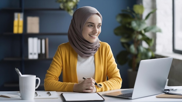 Joven mujer musulmana moderna y bonita con hijab trabajando en una oficina educación en línea