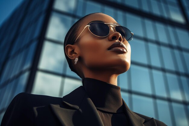 Foto joven mujer de negocios afroamericana con gafas de sol de pie en la ciudad ia generativa