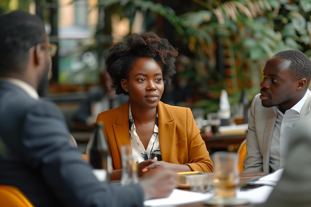 Joven mujer de negocios afroamericana presentando una idea a una pareja de hombres negros en un restaurante