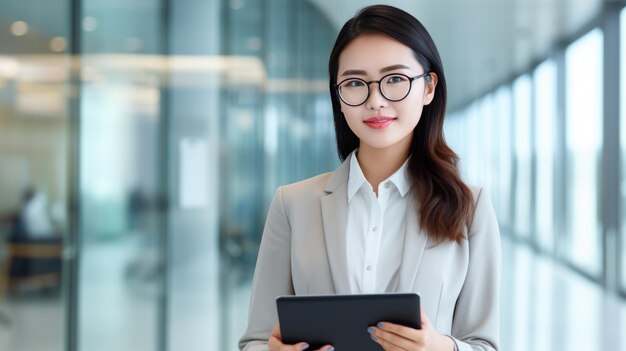 Una joven mujer de negocios asiática está de pie en una oficina con una tableta en las manos