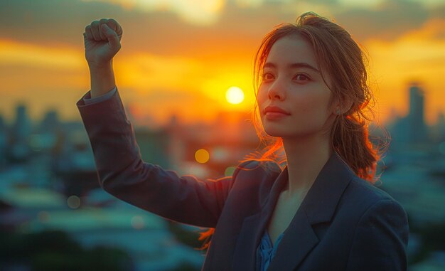 Foto joven mujer de negocios asiática exitosa de pie con el puño levantado en el aire con la hermosa puesta de sol de la ciudad