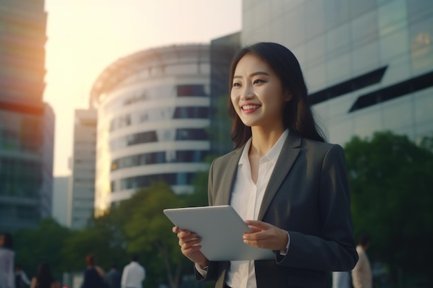 Joven mujer de negocios asiática liderando con una tableta digital en la ciudad