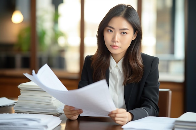 Joven mujer de negocios asiática ocupada abogada contable de impuestos gerente sosteniendo documentos en papel comprobando facturas haciendo facturas de ventas contabilidad leyendo contratos legales o extractos bancarios sentado en el escritorio en la oficina