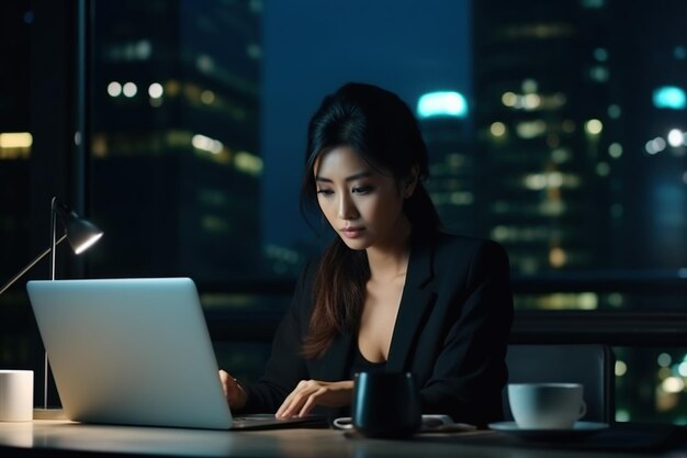 Joven mujer de negocios asiática ocupada ejecutiva trabajando en la computadora portátil por la noche en una oficina corporativa oscura mujer de negocios profesional gerente usando computadora sentada en la mesa vista nocturna de la gran ciudad