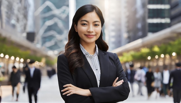 Joven mujer de negocios asiática sonriente y confiada de pie en una calle concurrida retrato