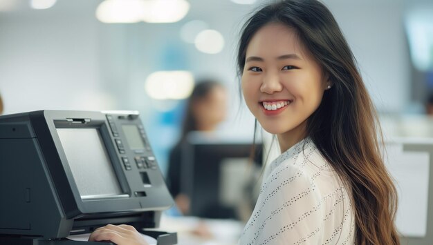Una joven mujer de negocios asiática sonriente de pie usando una copiadora