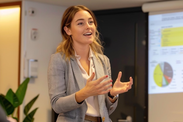 Foto una joven mujer de negocios atractiva está dando una presentación en una sala de oficina