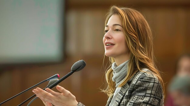 Una joven mujer de negocios confiada dando un discurso en una conferencia