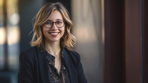 Una joven mujer de negocios confiada con gafas y un blazer elegante se encuentra en un espacio de oficina moderno