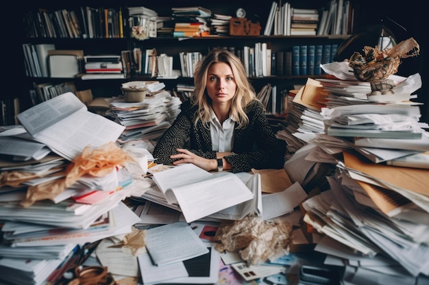 Una joven mujer de negocios escandinava sentada en un escritorio trabajando en una computadora portátil que está llena de papeles y otros documentos AI generativa AIG30