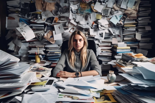 Foto una joven mujer de negocios escandinava sentada en un escritorio trabajando en una computadora portátil que está llena de papeles y otros documentos ai generativa aig30