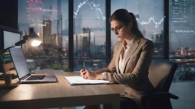 Joven mujer de negocios europea atractiva escribiendo en el bloc de notas mientras se apoya en el escritorio con la computadora portátil y el globo