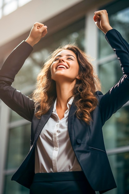 Foto joven mujer de negocios feliz y exitosa concepto de carrera femenina trabajadora de oficina moderna ai generativa