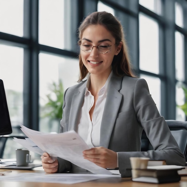 Joven mujer de negocios feliz leyendo informes mientras hace el papeleo y trabaja con un colega