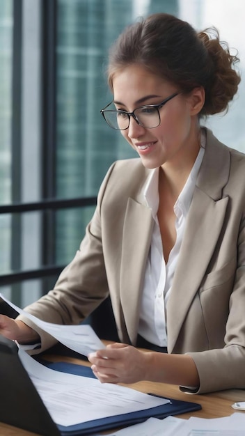 Joven mujer de negocios feliz leyendo informes mientras hace el papeleo y trabaja con un colega