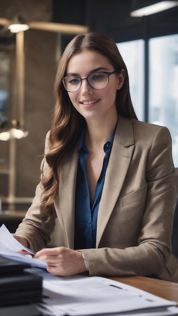 Joven mujer de negocios feliz leyendo informes mientras hace el papeleo y trabaja con un colega