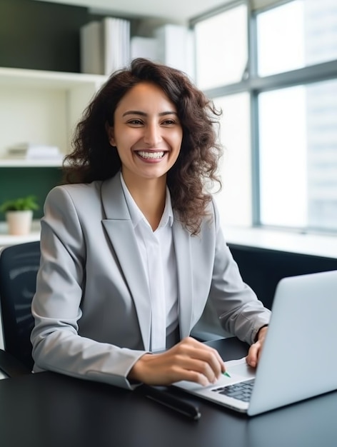 Joven mujer de negocios feliz mujer de negocios en la oficina junto a una computadora portátil