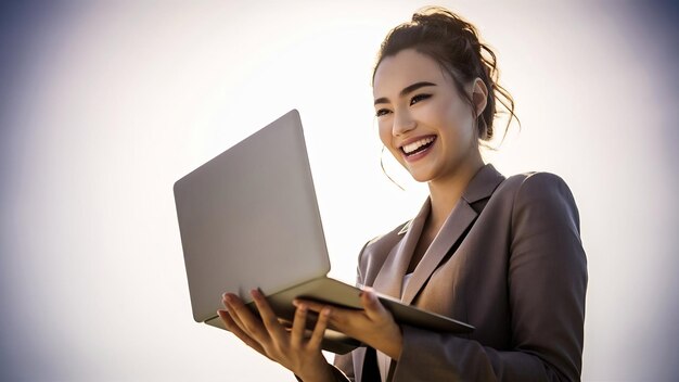 Joven mujer de negocios feliz y sonriente con una computadora portátil aislada