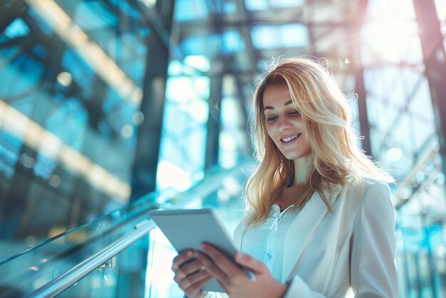 Joven mujer de negocios feliz trabajando con una tableta en la oficina corporativa