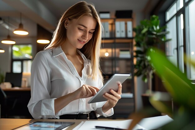 Joven mujer de negocios feliz trabajando con una tableta en la oficina corporativa