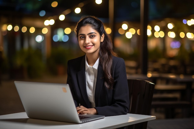 Joven mujer de negocios feliz usando computadora en una oficina moderna con colegas elegante y hermosa gerente