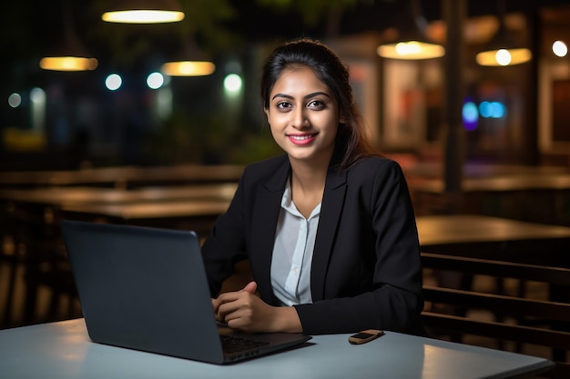 Joven mujer de negocios feliz usando computadora en una oficina moderna con colegas elegante y hermosa gerente