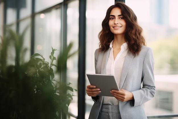 Joven mujer de negocios feliz usando una tableta digital en la oficina