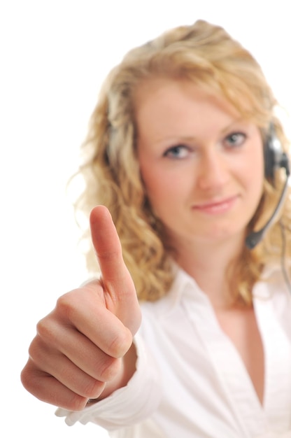 joven mujer de negocios hermosa con auriculares teléfono ayuda solución al cliente servicio de información