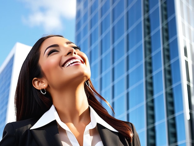 Joven mujer de negocios hispana feliz de pie fuera de un edificio de oficinas moderno Retrato de una profesional