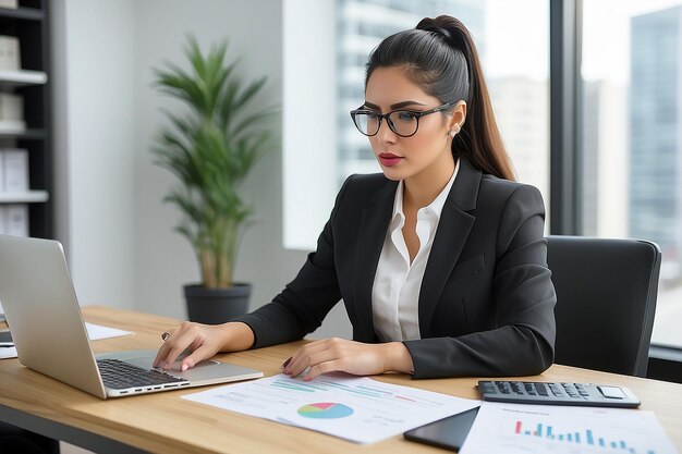 Joven mujer de negocios latina gerente analista de contabilidad comprobando facturas analizando estadísticas de ventas administración de impuestos documentos de datos financieros o informes de marketing trabajando en la oficina usando portátil