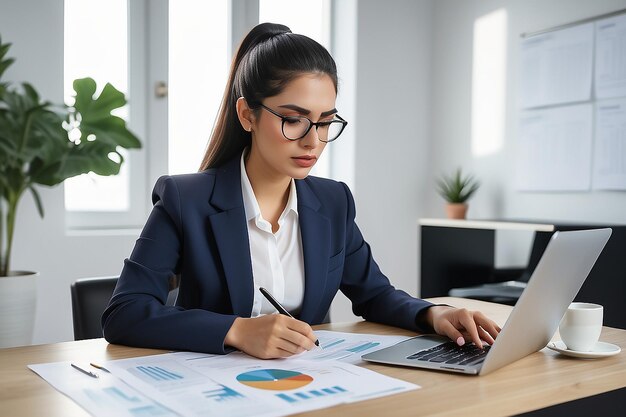 Joven mujer de negocios latina gerente analista de contabilidad comprobando facturas analizando estadísticas de ventas administración de impuestos documentos de datos financieros o informes de marketing trabajando en la oficina usando portátil