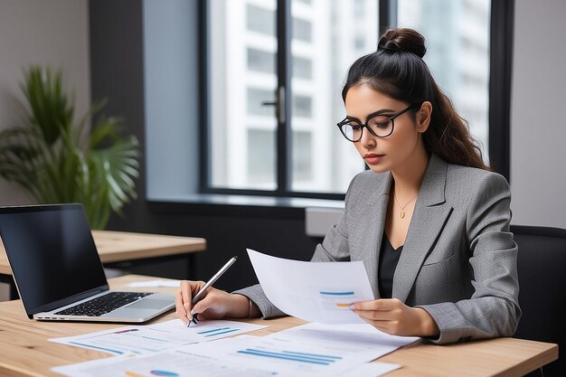 Joven mujer de negocios latina gerente analista de contabilidad comprobando facturas analizando estadísticas de ventas administración de impuestos documentos de datos financieros o informes de marketing trabajando en la oficina usando portátil
