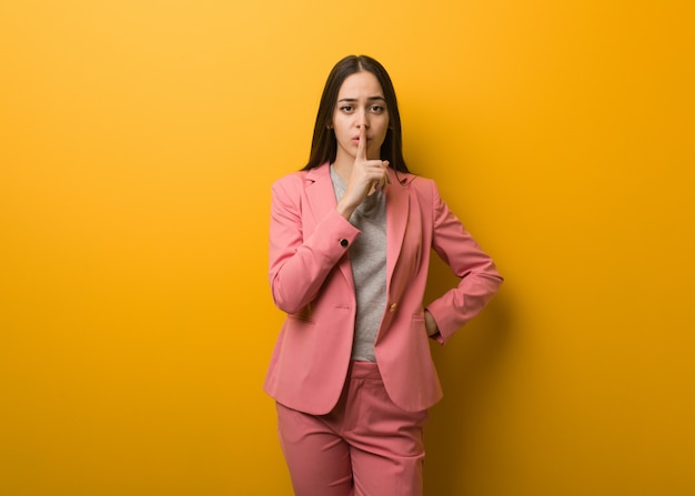 Joven mujer de negocios moderna manteniendo un secreto o pidiendo silencio