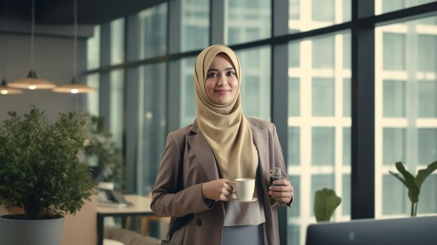 Foto joven mujer de negocios musulmana con hijab en una oficina moderna concepto de negocio