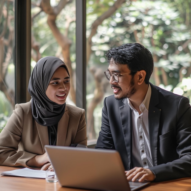 Joven mujer de negocios musulmana y su colega masculino trabajando juntos en la oficina