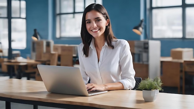 Joven mujer de negocios muy sonriente con cabello corto oscuro en camisa blanca trabajando en la computadora portátil sobre b azul