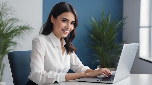 Joven mujer de negocios muy sonriente con cabello corto oscuro en camisa blanca trabajando en la computadora portátil sobre b azul