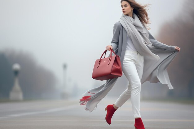 Joven mujer de negocios o niña con un pañuelo ondeando en la cabeza caminando sobre un puente peatonal en tiempo de niebla Fecha fallida Ropa elegante y con estilo