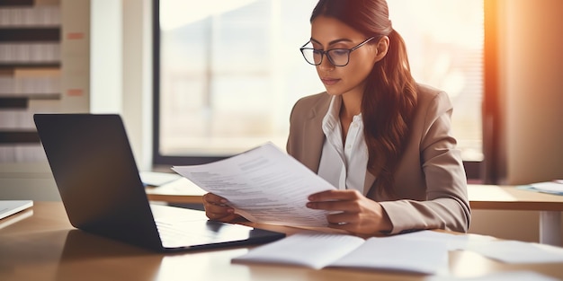 Joven mujer de negocios ocupada, gerente, abogada o empleada de la empresa con documentos contables que comprueban los datos financieros