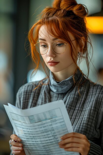 Foto joven mujer de negocios pelirroja centrándose en la revisión de un documento en la oficina como el ajuste con delicadeza