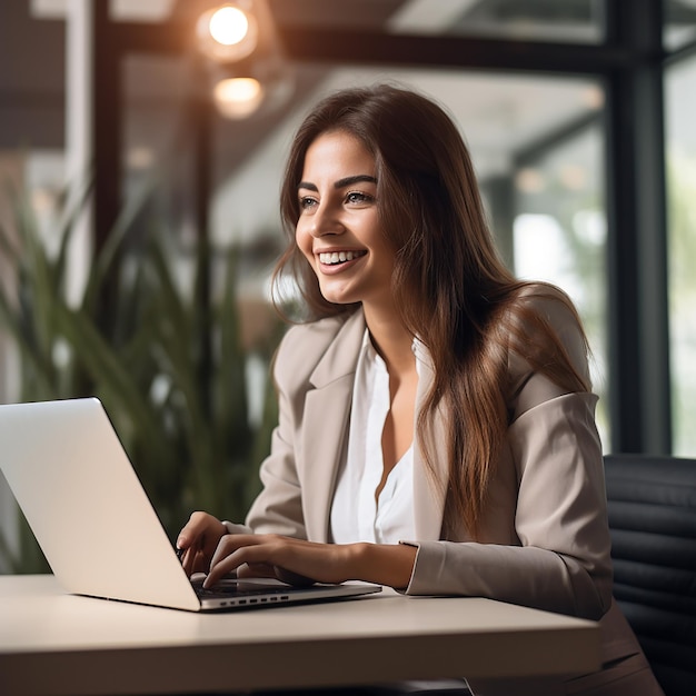 Joven mujer de negocios profesional feliz empleada sentada en el escritorio trabajando en la computadora portátil