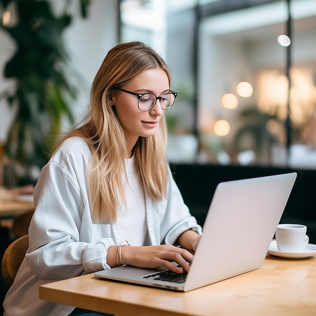 Joven mujer de negocios profesional feliz empleada sentada en el escritorio trabajando en la computadora portátil