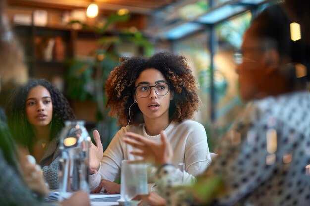 Joven mujer de negocios que dirige una discusión durante una reunión con sus diversos colegas