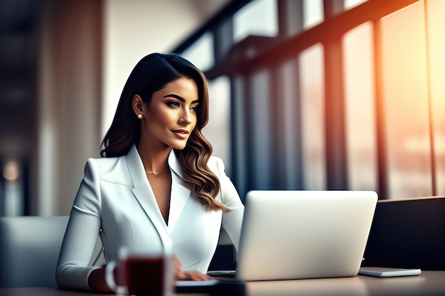 Joven mujer de negocios que usa computadora en una oficina moderna elegante y hermosa gerente que trabaja en finanzas