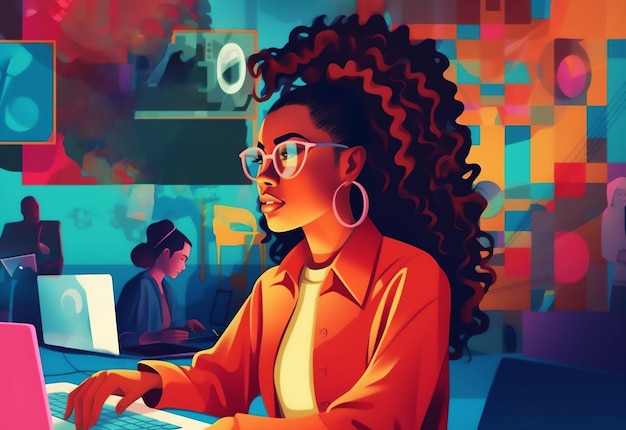 Joven mujer de negocios de raza mixta exitosa trabajando en una computadora portátil al estilo cyberpunk