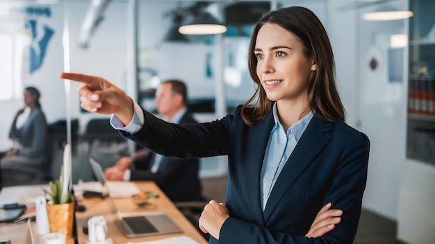 Joven mujer de negocios señalando en una oficina