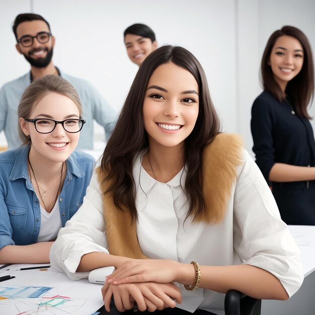 Joven mujer de negocios sonriendo con compañeros de trabajo sentados en la IA generada