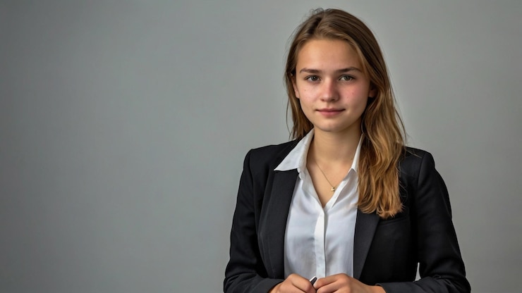 joven mujer de negocios sonriendo con traje negro y camisa blanca adentro