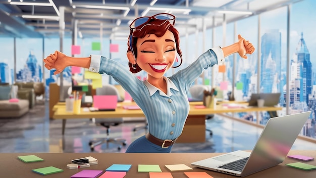Foto joven mujer de negocios sonriente estirándose con los ojos cerrados mientras trabaja en una computadora en la oficina