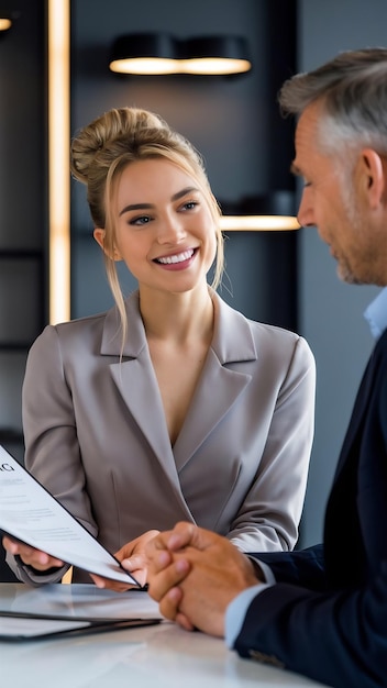 Una joven mujer de negocios sonriente mostrando el contrato a su socio